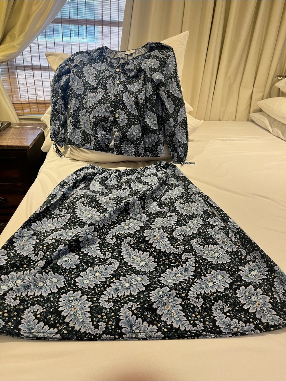 J. Crew Two Piece Blue Black and White Floral Blouse and matching Skirt